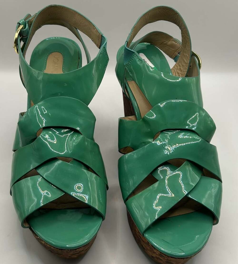Joan & David Daisleen Mint Green Patent Leather Cork Wedge Sandals